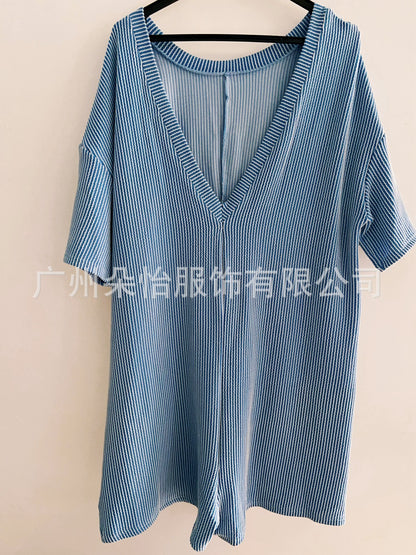 European and American cross-border Amazon independent station 2025 new products for women's loose pockets V-neck short-sleeved jumpsuits