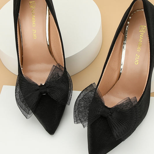 A 2-pack stylish and exquisite mesh cloth black bow shoe buckle shoe clip removable shoe buckle wedding bridal party high - Mixbatch