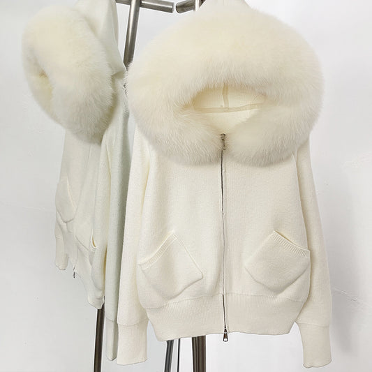 A autumn and winter new knitted sweater women's Korean version removable oversized real fox fur collar hooded knitted cardigan jacket