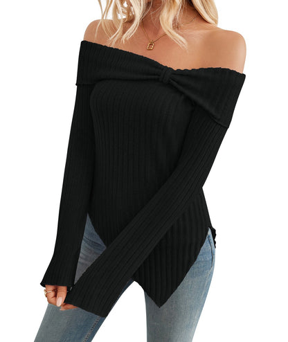 Europe, America, cross-border Amazon independent station 2025 autumn and winter new products women's fashion one-word shoulder slim split T-shirt