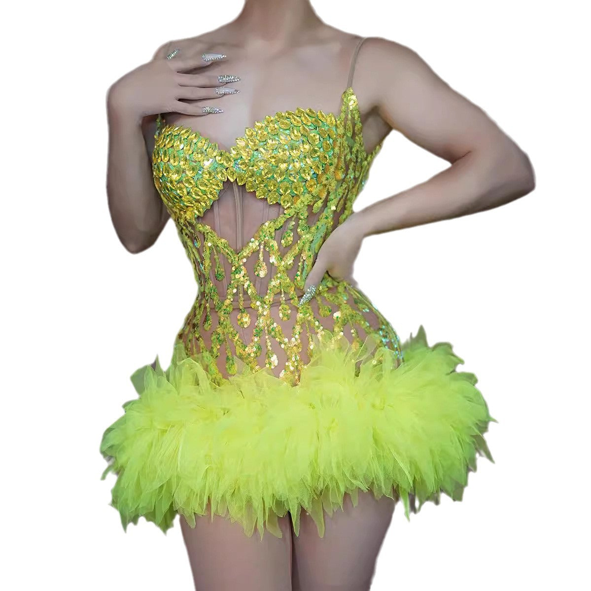 A costume nightclub bar female fluorescent full diamond mesh suspender skirt singer dance team jackfruit