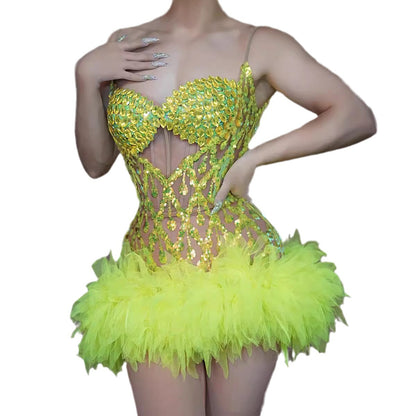A costume nightclub bar female fluorescent full diamond mesh suspender skirt singer dance team jackfruit