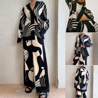 A Spring new trend fashion print suit long cardigan straight pants two-piece set