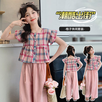 A girls plaid texture solid color set is on the shelves in stock, pink Korean pants set, foreign gas cotton women