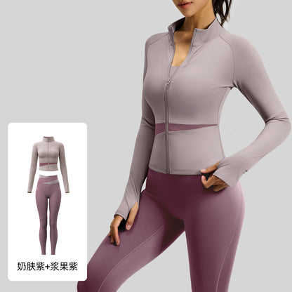 A color matching three-piece nude yoga suit running waist fitness suit women