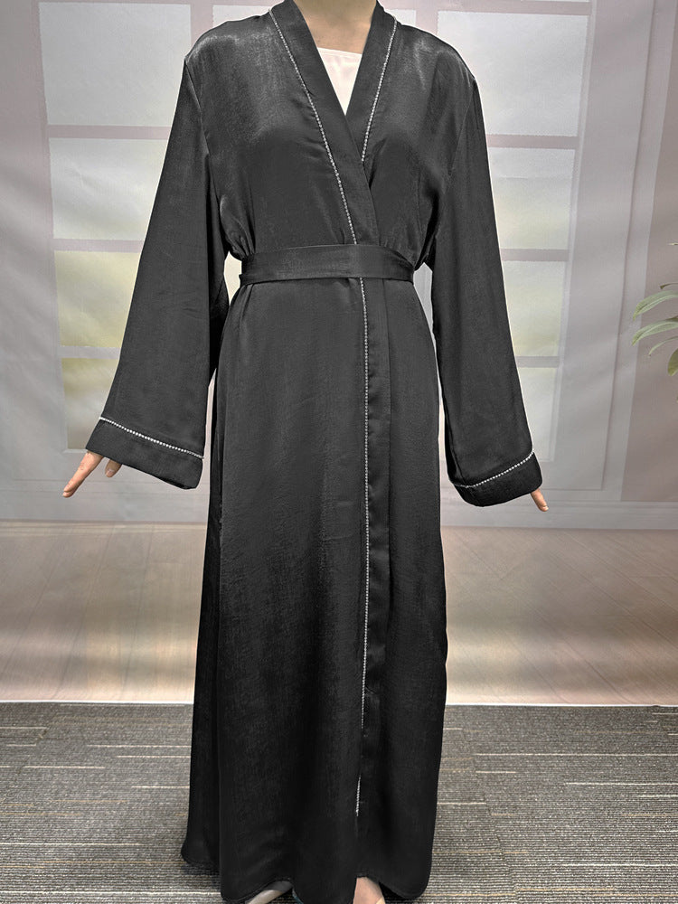 New Middle Eastern Muslim Clothing Fashion Elegant Nailed Diamond Cardigan Dress Belt Robe - Mixbatch