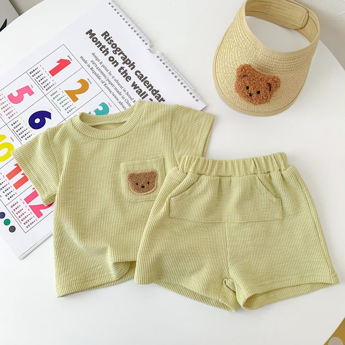 A summer thin baby Korean short-sleeved shorts cotton and linen pit strip suit for boys and girls round neck pullover two-piece suit - Mixbatch