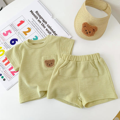 A summer thin baby Korean short-sleeved shorts cotton and linen pit strip suit for boys and girls round neck pullover two-piece suit - Mixbatch