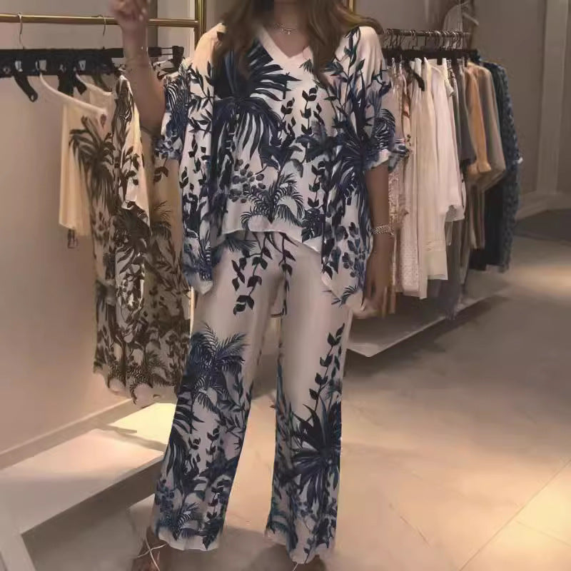 A Summer Fashion Casual Women's V-Neck Printed Shoulder Sleeve Set Multi-Color Large Size Women's Clothing