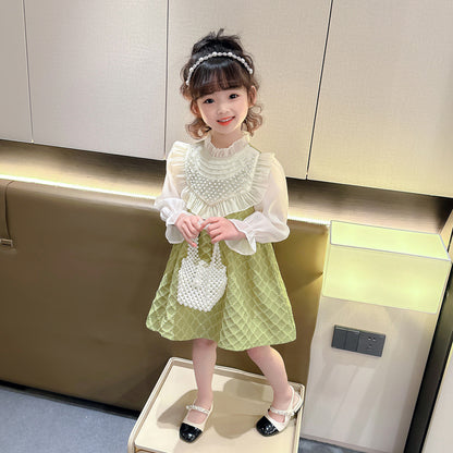 A girls lace pearl dress spring and autumn new girl baby foreign fashion princess dress small and medium children's clothing