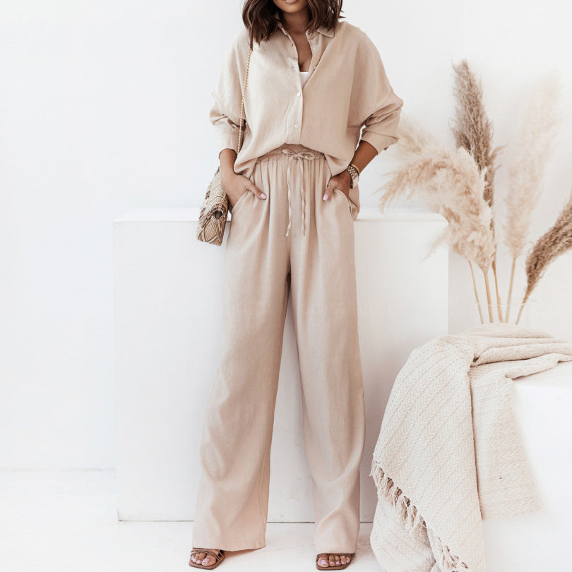 A European and American women's clothing spring new fashion temperament solid color lapel shirt high waist trousers two-piece set women