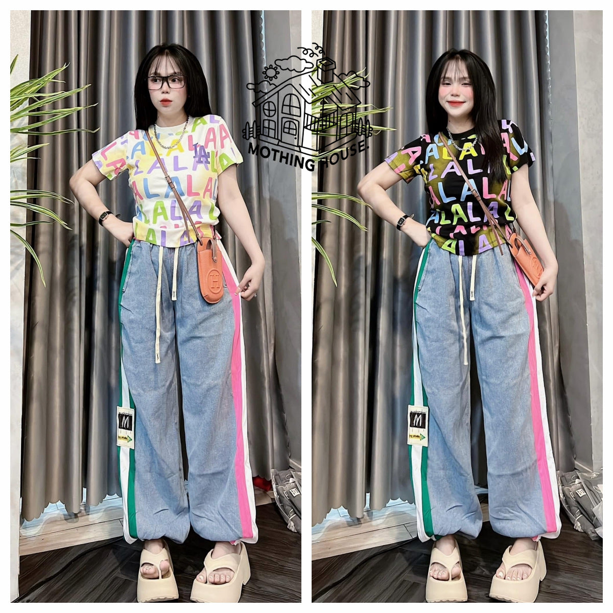 A Female Summer Loose Puppy Printed Short Sleeve Striped Wide Leg Pants Two-piece Casual