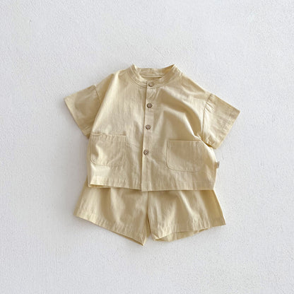 A INS Korean version of the baby summer thin solid color short-sleeved shirt and shorts set for children and boys casual two-piece set - Mixbatch