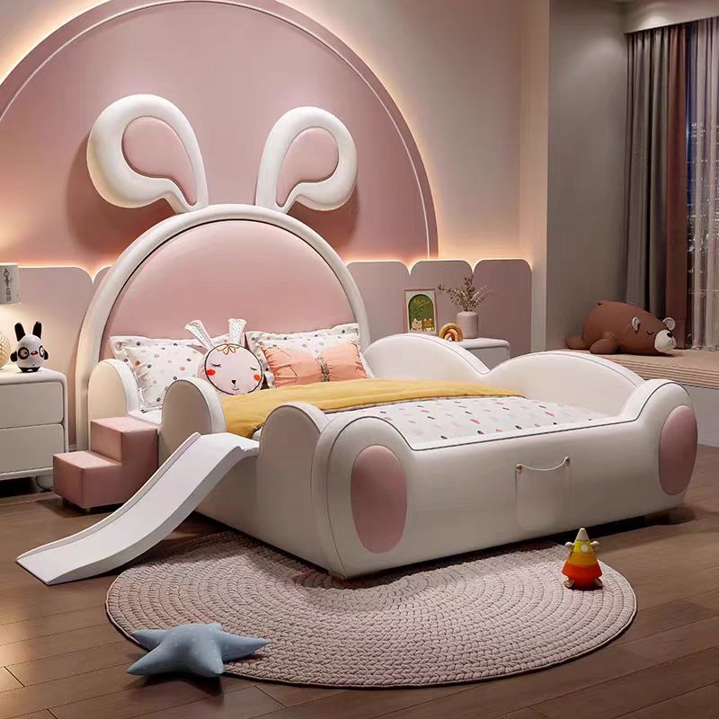 A children's bed girl castle princess bed children's bedroom creative pink cartoon rabbit bed with guardrail storage leather bed