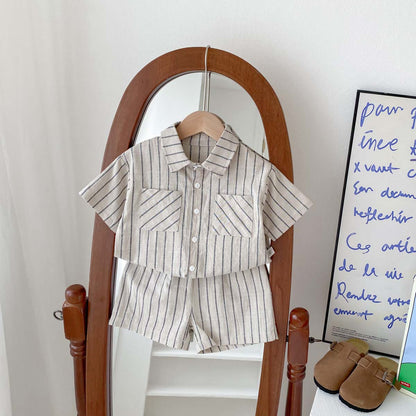 A Children's Korean version retro striped short-sleeved shirt shorts set for babies and boys and girls in summer thin casual trendy clothes - Mixbatch