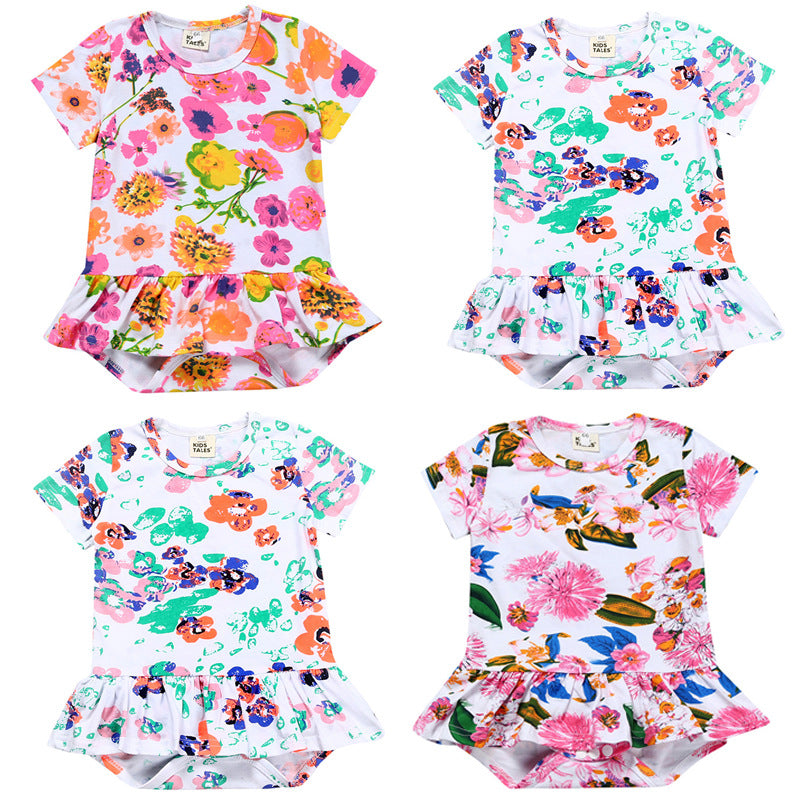 A New baby crawling clothes ins European and American baby onesies, summer girls printed short-sleeved triangle skirts - Mixbatch