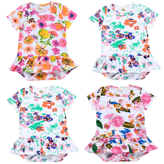 A New baby crawling clothes ins European and American baby onesies, summer girls printed short-sleeved triangle skirts - Mixbatch