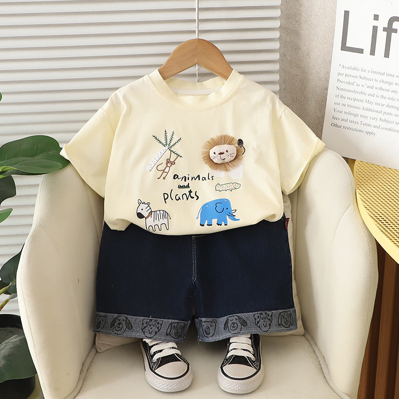 A children's short-sleeved T-shirt set boys and girls summer wear 2025 new loose Korean version cartoon doll top foreign style