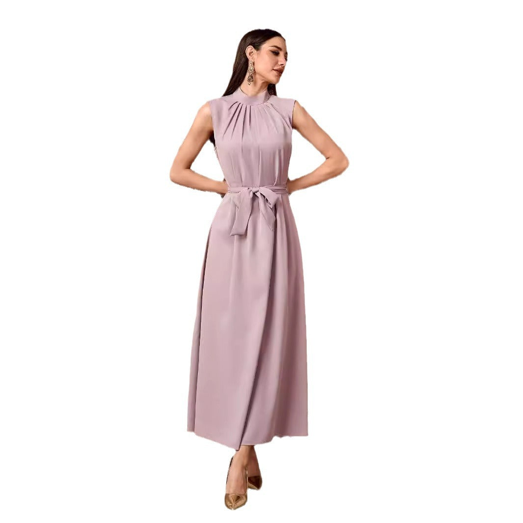 Women's Muslim Solid Color Casual Sleeveless Bottom Long Dress High Neck Belt Dress Inner Shirt - Mixbatch