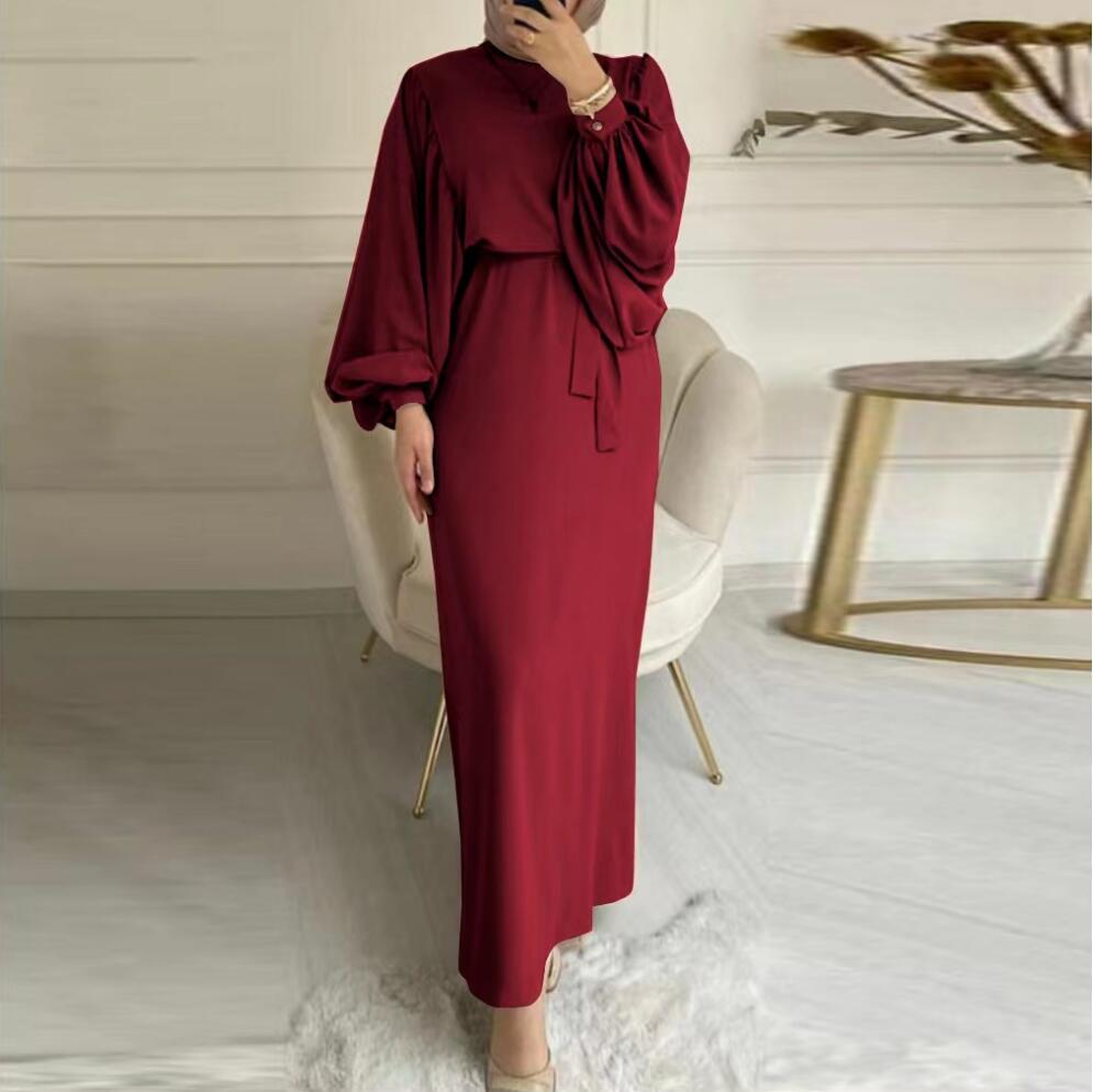 Muslim Women's Autumn and Winter South East Asia Fashion Lantern Sleeve Waist Hip Wrap Crew Neck Long Sleeve Women's Dress - Mixbatch