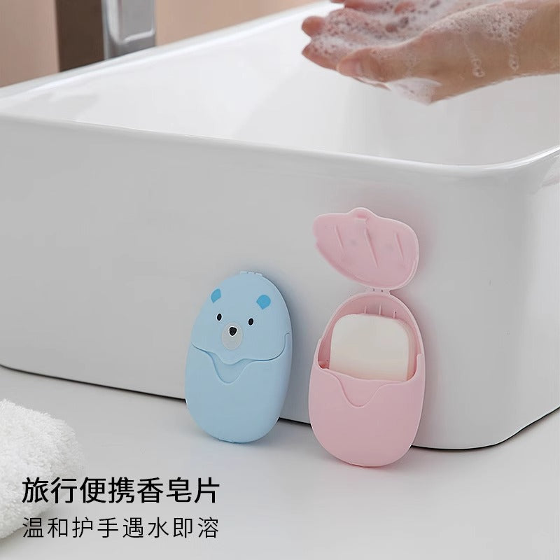 A portable box of disposable soap tablets
