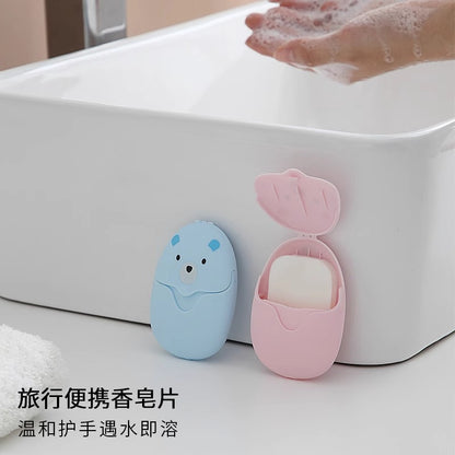 A portable box of disposable soap tablets