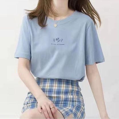 A Short Sleeve Korean Version Crew Neck T-Shirt Women's Summer Loose Plant Print Casual - Mixbatch