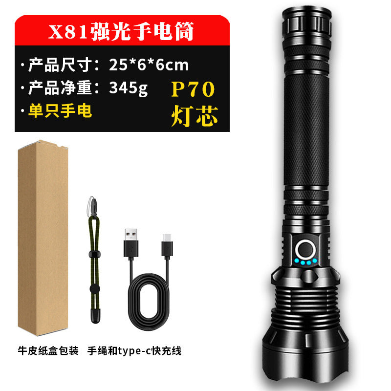 A USB flashlight Outdoor aluminum alloy strong light flashlight, new power display flashlight