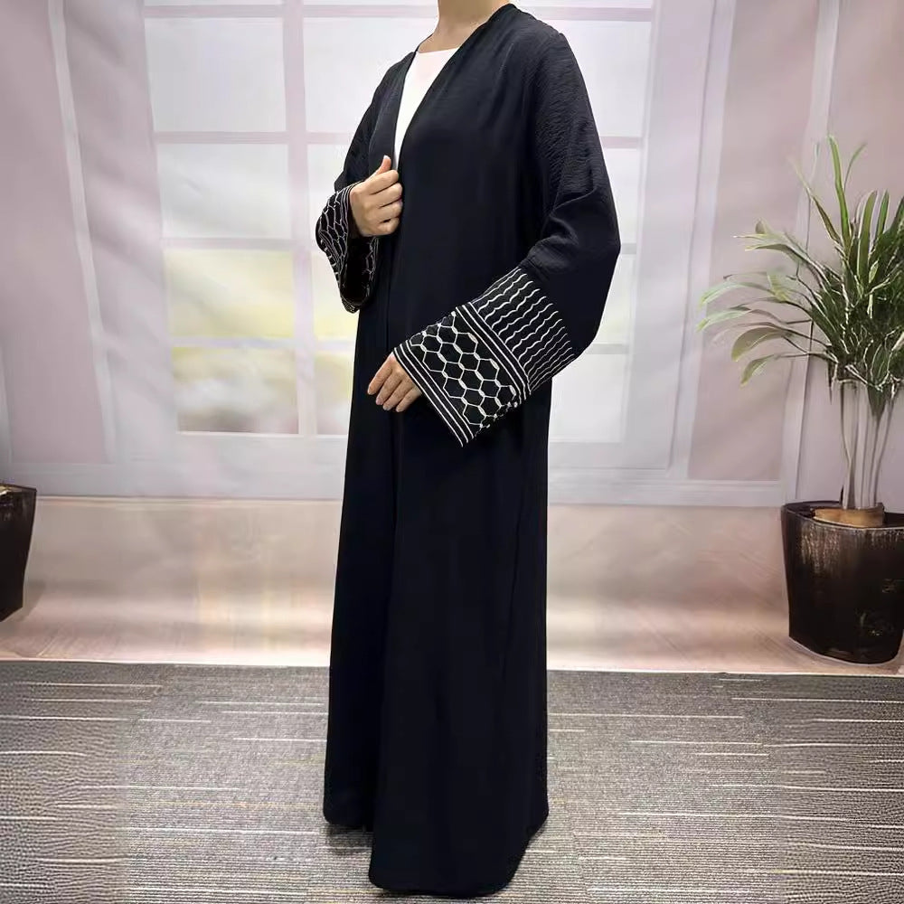 Middle Eastern Muslim Clothing Fashion Elegant Pocket Cardigan Embroidered Lace-Up Dress Robe - Mixbatch