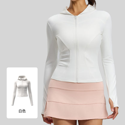 A Hooded Slim Yoga Jacket Stretch Skinny Windproof Running Cycling Sports Jacket