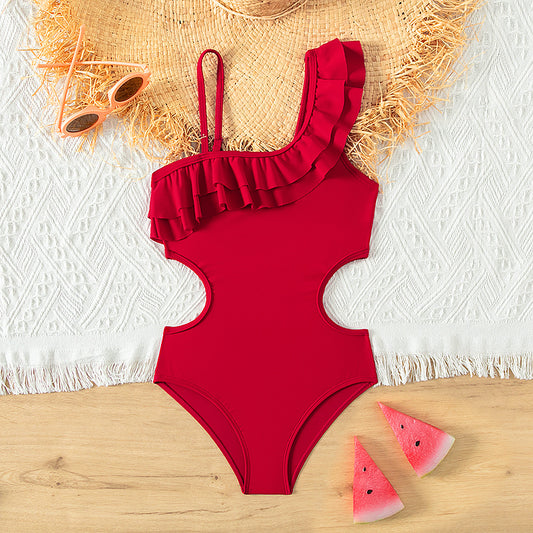 A triangular one-piece girls swimsuit girls foreign trade European and American slanted shoulder ruffle edge - Mixbatch