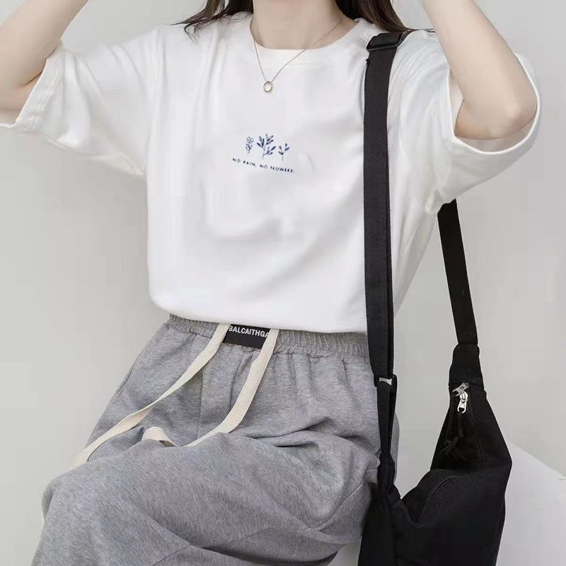 A Short Sleeve Korean Version Crew Neck T-Shirt Women's Summer Loose Plant Print Casual - Mixbatch