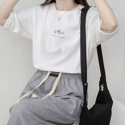 A Short Sleeve Korean Version Crew Neck T-Shirt Women's Summer Loose Plant Print Casual - Mixbatch