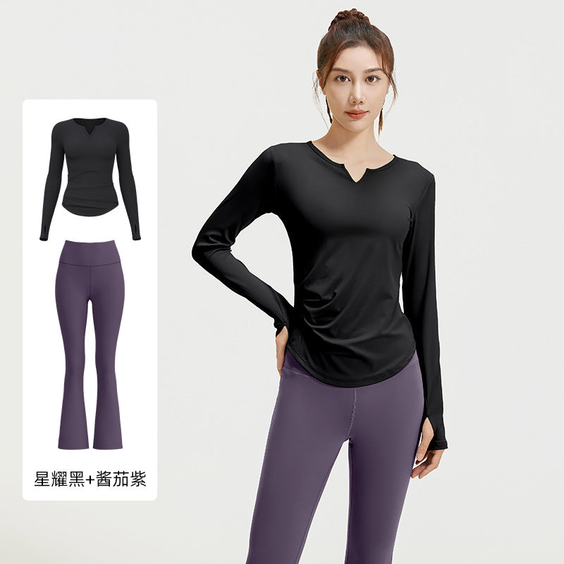 A autumn v-neck yoga suit pleated naked feeling slim and thin long fitness suit women