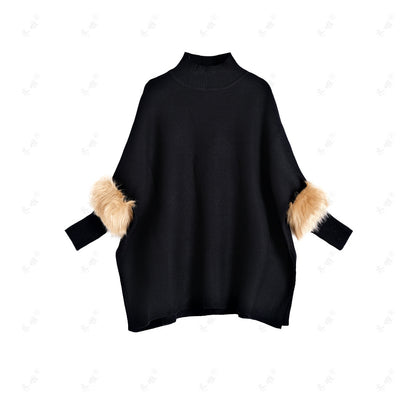 A turtleneck pullover cape knitted sweater simulation fur fur sleeve sweater large size bottoming shirt jacket women