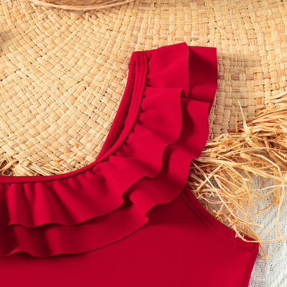 A triangular one-piece girls swimsuit girls foreign trade European and American slanted shoulder ruffle edge - Mixbatch