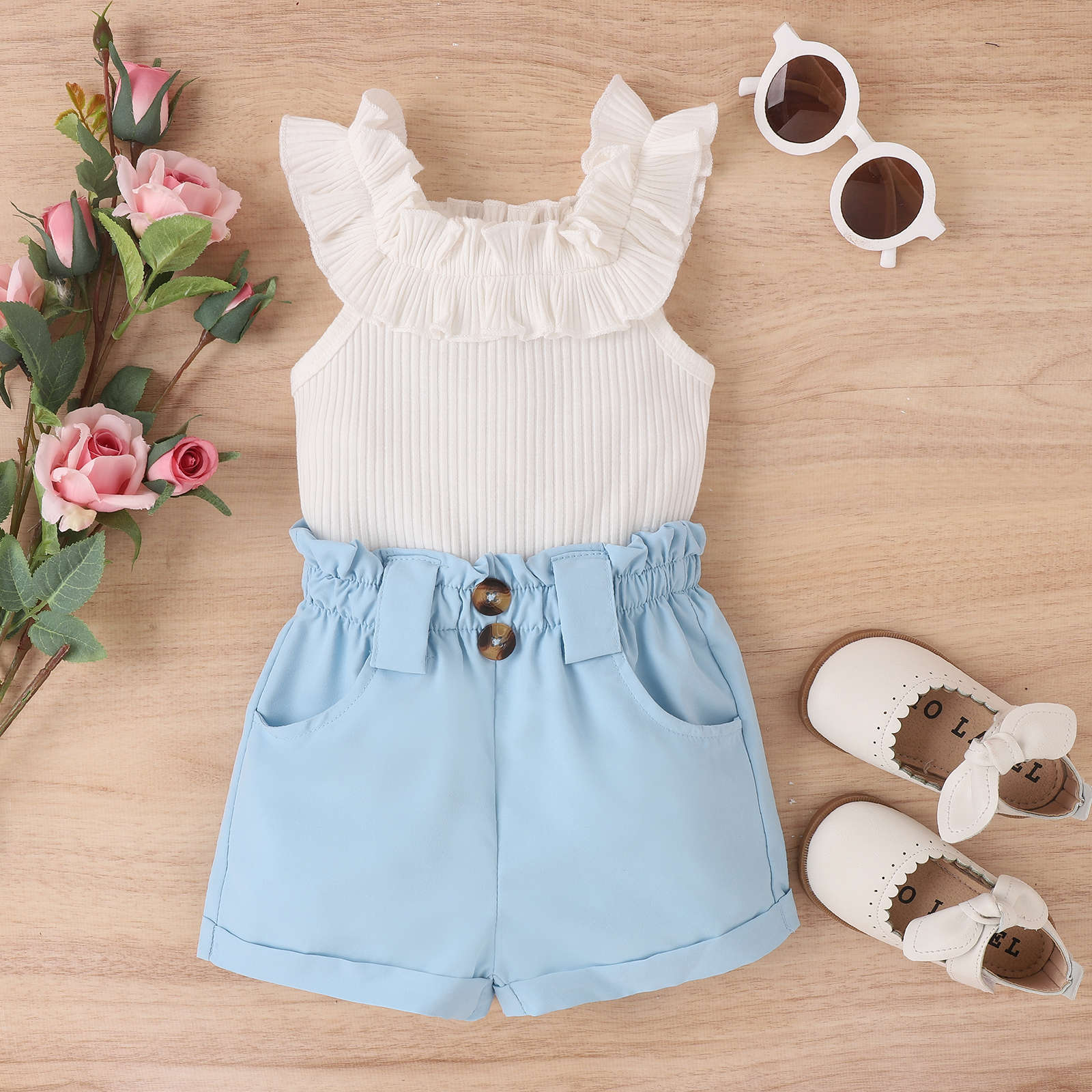 A Tengxin Children's Clothing Amazon Spring/Summer Small and Medium Children's Wooden Ear Tank Top Sleeveless Top Solid Color Shorts Girls' Set - Mixbatch