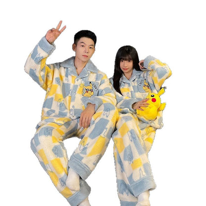 A autumn and winter coral fleece couple pajamas fleece thickened warm cartoon cardigan lapel can be worn outside loungewear set