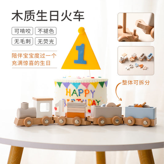 A wooden children's birthday train toy baby birthday milestone toy small train creative birthday photo ornament