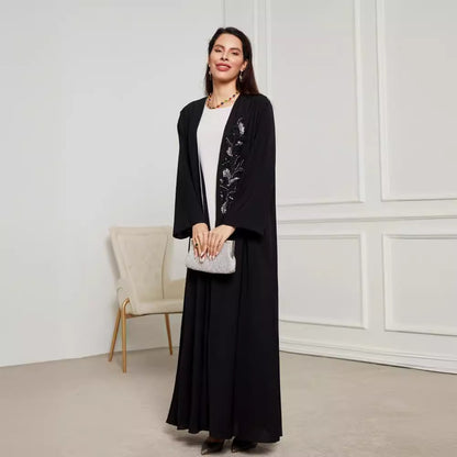 New handmade beaded Middle Eastern Muslim clothing long dress fashionable and elegant cardigan contrasting color dress robe - Mixbatch