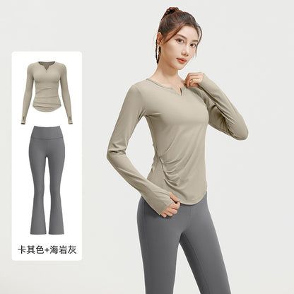 A autumn v-neck yoga suit pleated naked feeling slim and thin long fitness suit women