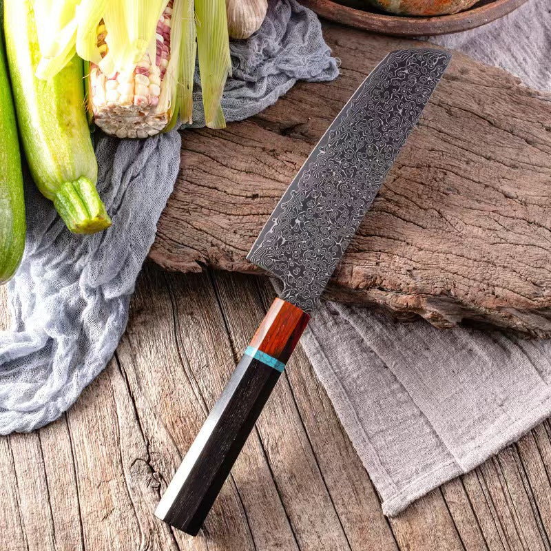 A Damascus chef's knife slicing knife