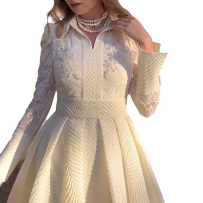 A European and American white chest beaded lace yarn French retro long-sleeved slim dress