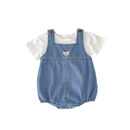 A South Korean children's clothing summer cartoon teddy bear bag fart jacket ins baby shoulder strap triangle jumpsuit - Mixbatch