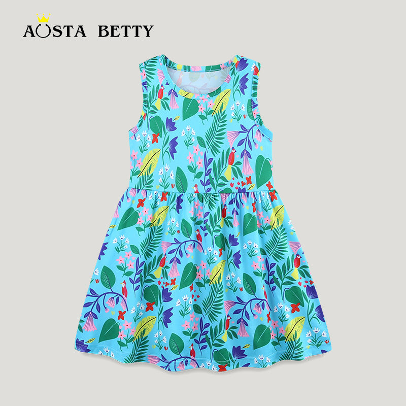 A summer new girls dress European and American style round neck flower print children's princess dress - Mixbatch