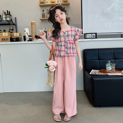 A girls plaid texture solid color set is on the shelves in stock, pink Korean pants set, foreign gas cotton women