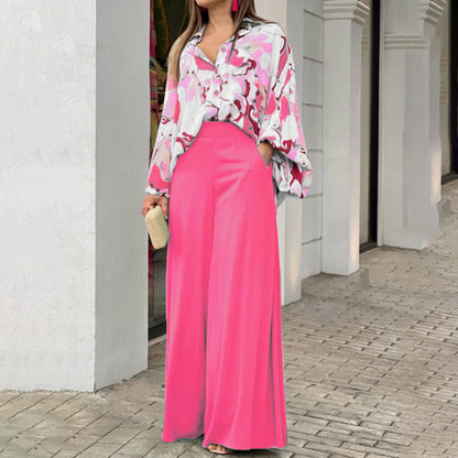 A printed shirt temperament elegant wide-leg pants fashion casual suit