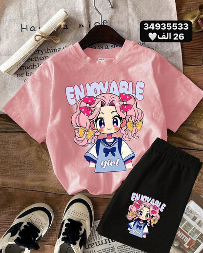 A Children's cute cartoon pattern printing set boys and girls short-sleeved T-shirt + shorts
