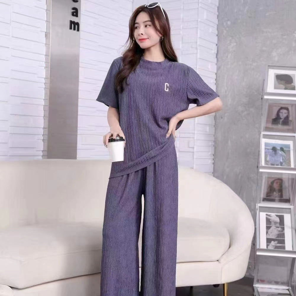 A suit women's spring summer letter embroidery thin ice silk loungewear suit casual loose trousers two-piece set