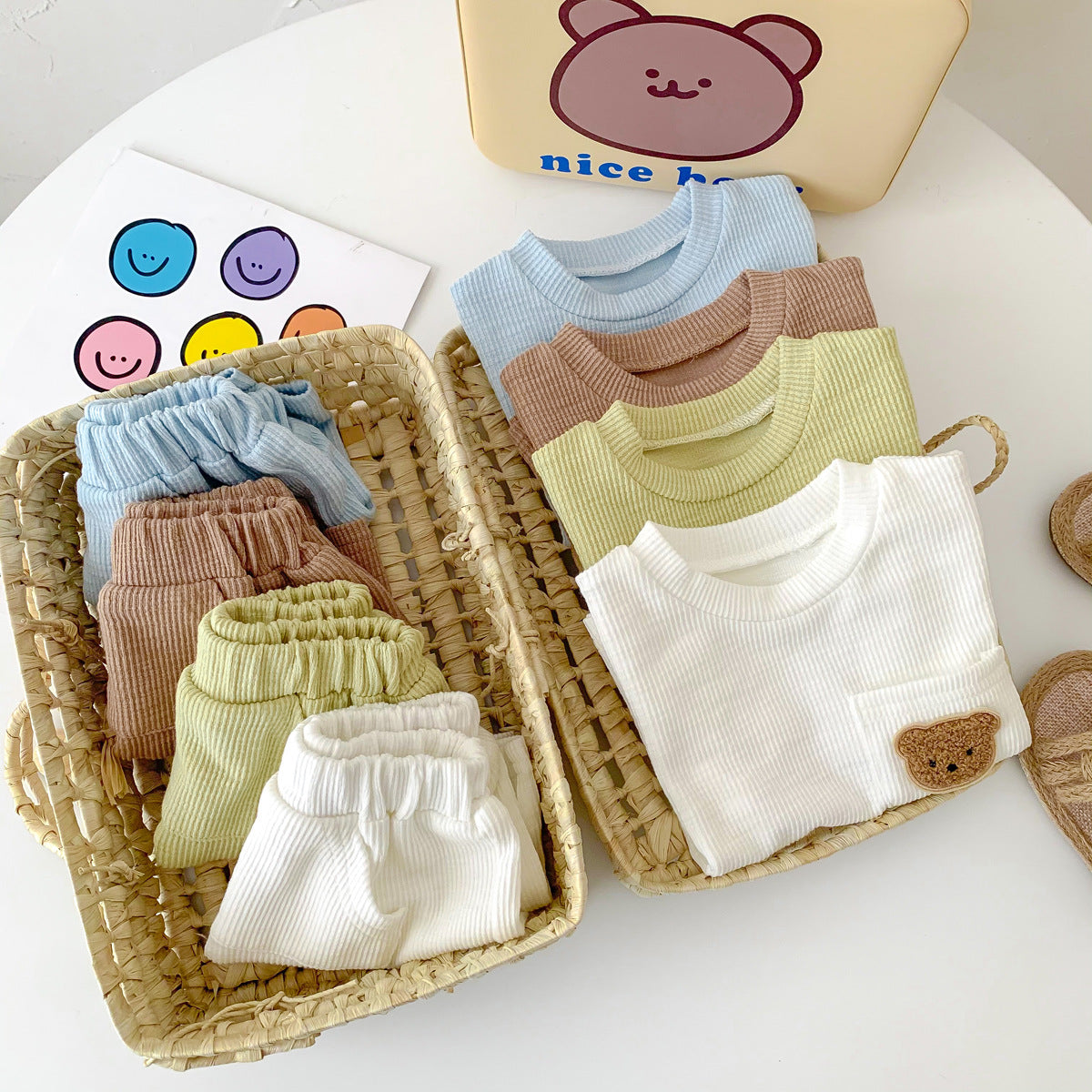 A summer thin baby Korean short-sleeved shorts cotton and linen pit strip suit for boys and girls round neck pullover two-piece suit - Mixbatch
